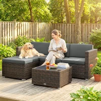 Outsunny 3 Pieces Patio Furniture Set with Cushions, Outdoor PE Rattan Wicker Conversation Corner Sofa Set, Dark Grey(m-8)