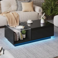 Lift-Up Coffee Table with App-Controlled LED Light and Half Glass Top, Modern Center Table for Living Room, 39.5" L x 19.5" W x 13" H, Black(m-8)