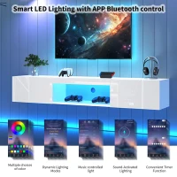 Floating TV Stand with High-Gloss Finish and LED Ambient Lighting, Sleek TV Cabinet with Pull-Down Doors, 63" L x 12" W x 8.5" H, White(m-7)