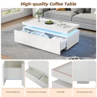 High-Gloss Coffee Table with App-Controlled LED Ambient Lighting, Functional Center Table for Living Room, 37.5" L x 17.5" W x 13.5" H, White(m-6)