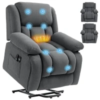 HOMCOM Overstuffed Power Lift Recliner Chair with Vibration Massage and Heat, Side Pockets, Pocket Spring, for Adults, Gray(m-11)