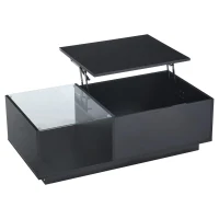 Lift-Up Coffee Table with App-Controlled LED Light and Half Glass Top, Modern Center Table for Living Room, 39.5" L x 19.5" W x 13" H, Black(m-2)