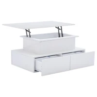 Sleek Lift-Up Coffee Table with LED Lighting and 4 Drawers, Durable Center Table for Living Room, 35.5" L x 21.5" W x 16.5" H, White(m-2)