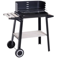 Outsunny Trolley Charcoal BBQ Barbecue Grill Outdoor Patio Garden Heating Smoker with Side Trays Storage Shelf and Wheels(m-2)
