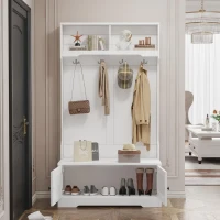 Space‑Saving Coat Rack with 4 Hooks and Top Open Shelf, Multifunctional Cabinet for Compact Homes, 40'' L x 18.5'' W x 72'' H, White(m-7)