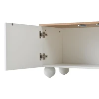Stylish TV Stand with 4 Doors and Spherical Metal Legs, Sturdy TV Cabinet with Large Closed Storage, 71" L x 15.5" W x 17.5" H, White+Oak(m-9)