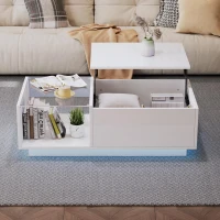 Lift-Up Coffee Table with App-Controlled LED Light and Half Glass Top, Modern Center Table for Living Room, 39.5" L x 19.5" W x 13" H, White(m-1)