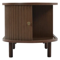 Minimalist TV Stand with Rattan Drawer and 2 Sliding Doors, Oval Media Console with Space-Saving Top, 71'' L x 15.5'' W x 15.5'' H, Dark Oak(m-12)