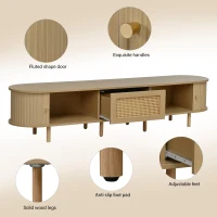 Oval TV Stand with Rattan Drawer and 2 Sliding Doors, Compact Media Console with Adjustable Feet, 71'' L x 15.5'' W x 15.5'' H, Light Oak(m-4)