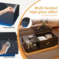 Lift-Up Coffee Table with App-Controlled LED Light and Half Glass Top, Modern Center Table for Living Room, 39.5" L x 19.5" W x 13" H, Black(m-4)