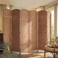 HOMCOM 6ft Folding Room Divider, 6 Panel Wall Partition with Wooden Frame for Bedroom, Home Office, Natural(m-1)