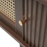 Minimalist TV Stand with Rattan Drawer and 2 Sliding Doors, Oval Media Console with Space-Saving Top, 71'' L x 15.5'' W x 15.5'' H, Dark Oak(m-10)