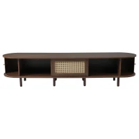 Minimalist TV Stand with Rattan Drawer and 2 Sliding Doors, Oval Media Console with Space-Saving Top, 71'' L x 15.5'' W x 15.5'' H, Dark Oak(m-11)