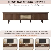 Minimalist TV Stand with Rattan Drawer and 2 Sliding Doors, Oval Media Console with Space-Saving Top, 71'' L x 15.5'' W x 15.5'' H, Dark Oak(m-4)