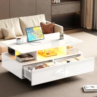 High-Gloss Coffee Table with Built-In LED Light and 2 Drawers, Minimalist Centre Table with Open Storage, 35.5'' L x 21.5'' W x 16'' H, White(m-1)