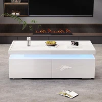 High-Gloss Coffee Table with App-Controlled LED Ambient Lighting, Functional Center Table for Living Room, 37.5" L x 17.5" W x 13.5" H, White(m-7)