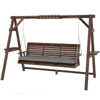 Outsunny 3 Seat Wooden Porch Swing with Stand, Patio Swing with Cushion, for Garden, Poolside, Backyard, Carbonized Brown(m-1)