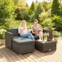 Outsunny 3 Pieces Patio Furniture Set with Cushions, Outdoor PE Rattan Wicker Conversation Corner Sofa Set, Dark Grey(m-9)