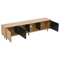 Sleek TV Stand with 3 Doors and 2-Tier Tempered-Glass Shelf, Slim TV Cabinet with Hidden Storage, 69" L x 12.5" W x 17.5" H, Natural Wood(m-2)