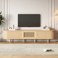 Oval TV Stand with Rattan Drawer and 2 Sliding Doors, Compact Media Console with Adjustable Feet, 71'' L x 15.5'' W x 15.5'' H, Light Oak(m-9)