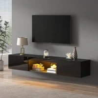 Floating TV Stand with High-Gloss Finish and LED Ambient Lighting, Sleek TV Cabinet with Pull-Down Doors, 63" L x 12" W x 8.5" H, Black(m-1)