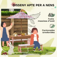 Qaba Kids Picnic Table and Bench Set with Removable Umbrella, Cushions & Boxes, Flamingo Theme for Outdoor, Pink(m-6)