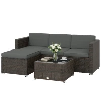 Outsunny 3 Pieces Patio Furniture Set with Cushions, Outdoor PE Rattan Wicker Conversation Corner Sofa Set, Dark Grey(m-2)