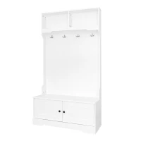 Space‑Saving Coat Rack with 4 Hooks and Top Open Shelf, Multifunctional Cabinet for Compact Homes, 40'' L x 18.5'' W x 72'' H, White(m-2)