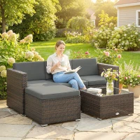 Outsunny 3 Pieces Patio Furniture Set with Cushions, Outdoor PE Rattan Wicker Conversation Corner Sofa Set, Dark Grey(m-1)