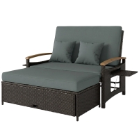 Outsunny Rattan Outdoor Daybed w/4-Level Adjustable Backrest, Patio Sofa Bed w/Storage Ottoman, Acacia Wood Armrest, Mixed Gray