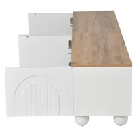 Stylish TV Stand with 4 Doors and Spherical Metal Legs, Sturdy TV Cabinet with Large Closed Storage, 71" L x 15.5" W x 17.5" H, White+Oak(m-11)