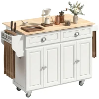 HOMCOM Rolling Kitchen Island Cart with Drop Leaf, Kitchen Cart on Wheels with Wood Top, 2 Drawers and 2 Storage Cabinets, Island Table for Kitchen, Dining Room, White(m-1)