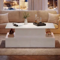Sleek Lift-Up Coffee Table with LED Lighting and 4 Drawers, Durable Center Table for Living Room, 35.5" L x 21.5" W x 16.5" H, White(m-9)