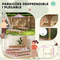 Qaba Kids Picnic Table and Bench Set with Removable Umbrella, Cushions & Boxes, Flamingo Theme for Outdoor, Pink(m-7)