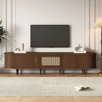 Minimalist TV Stand with Rattan Drawer and 2 Sliding Doors, Oval Media Console with Space-Saving Top, 71'' L x 15.5'' W x 15.5'' H, Dark Oak(m-9)