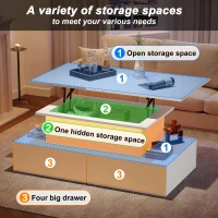 Sleek Lift-Up Coffee Table with LED Lighting and 4 Drawers, Durable Center Table for Living Room, 35.5" L x 21.5" W x 16.5" H, White(m-5)