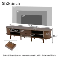 Stylish TV Stand with Rounded Corners and Oval Top, Versatile TV Cabinet for Living Room, 69" L x 15.5" W x 16.5" H, Dark Oak(m-3)