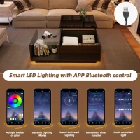 Lift-Up Coffee Table with App-Controlled LED Light and Half Glass Top, Modern Center Table for Living Room, 39.5" L x 19.5" W x 13" H, Black(m-5)