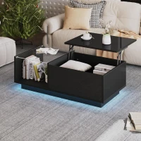 Lift-Up Coffee Table with App-Controlled LED Light and Half Glass Top, Modern Center Table for Living Room, 39.5" L x 19.5" W x 13" H, Black(m-1)