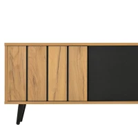 Sleek TV Stand with 3 Doors and 2-Tier Tempered-Glass Shelf, Slim TV Cabinet with Hidden Storage, 69" L x 12.5" W x 17.5" H, Natural Wood(m-8)