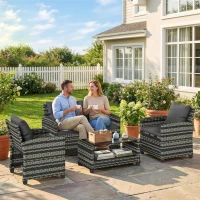 Outsunny 4 Piece Wicker Patio Furniture Set, Outdoor Furniture Conversation Set with Loveseat, Chairs, 2 Tier Table, Dark Grey(m-8)