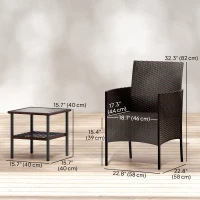 Outsunny Wicker Bistro Set, 3 Piece Patio Furniture Set with 2-Tier Glass Top Table, Cushions for Balcony, Porch, Khaki(m-3)