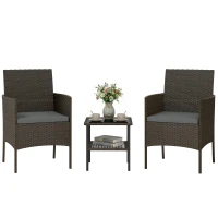 Outsunny Wicker Bistro Set, 3 Piece Patio Furniture Set with 2-Tier Glass Top Table, Cushions for Balcony, Porch, Dark Grey(m-11)