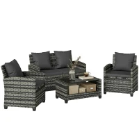 Outsunny 4 Piece Wicker Patio Furniture Set, Outdoor Furniture Conversation Set with Loveseat, Chairs, 2 Tier Table, Dark Grey(m-11)