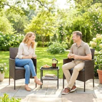 Outsunny Wicker Bistro Set, 3 Piece Patio Furniture Set with 2-Tier Glass Top Table, Cushions for Balcony, Porch, Dark Grey(m-9)