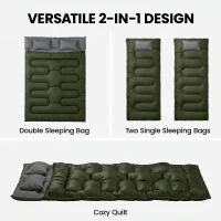 Outsunny Double Sleeping Bag for Adults, Queen Size 2 Person Sleeping Bag with 2 Pillows, for Cold Weather & Warm, Green(m-4)