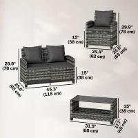 Outsunny 4 Piece Wicker Patio Furniture Set, Outdoor Furniture Conversation Set with Loveseat, Chairs, 2 Tier Table, Dark Grey(m-3)