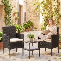 Outsunny Wicker Bistro Set, 3 Piece Patio Furniture Set with 2-Tier Glass Top Table, Cushions for Balcony, Porch, Khaki(m-10)