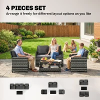 Outsunny 4 Piece Wicker Patio Furniture Set, Outdoor Furniture Conversation Set with Loveseat, Chairs, 2 Tier Table, Dark Grey(m-4)
