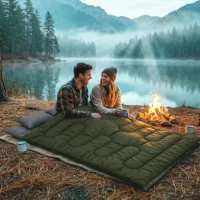 Outsunny Double Sleeping Bag for Adults, Queen Size 2 Person Sleeping Bag with 2 Pillows, for Cold Weather & Warm, Green(m-1)